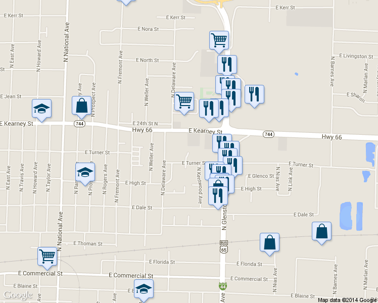 map of restaurants, bars, coffee shops, grocery stores, and more near 3308 North Avenue B in Springfield