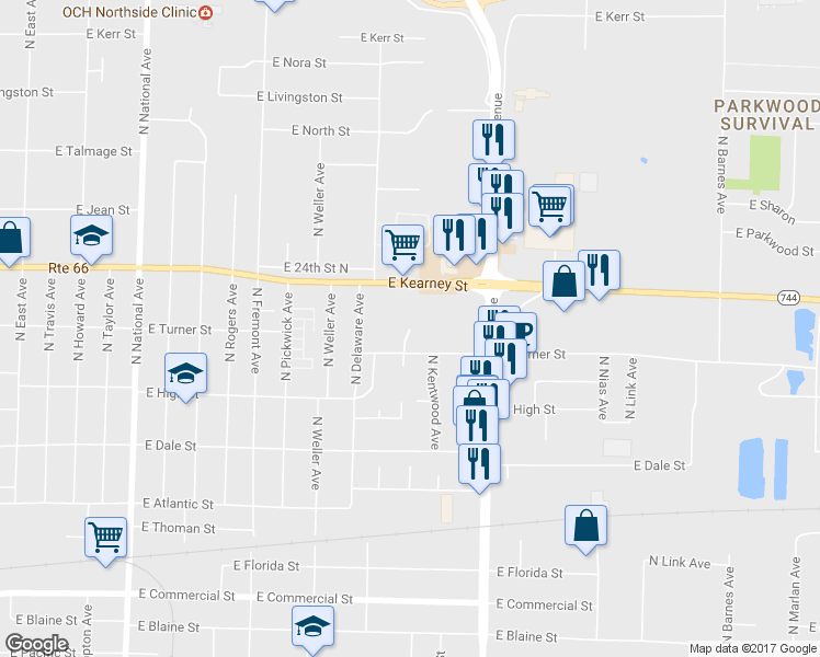 map of restaurants, bars, coffee shops, grocery stores, and more near 2529 North Ave B in Springfield