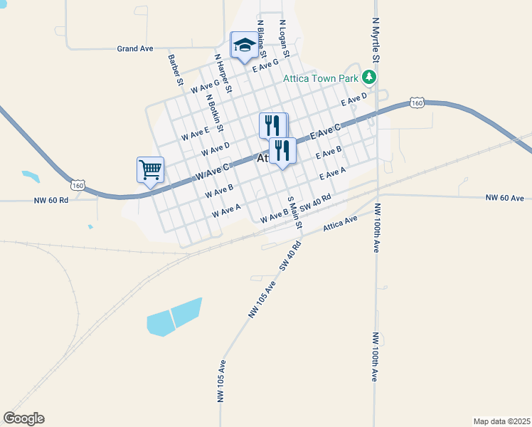 map of restaurants, bars, coffee shops, grocery stores, and more near 211-219 W Ave A in Attica