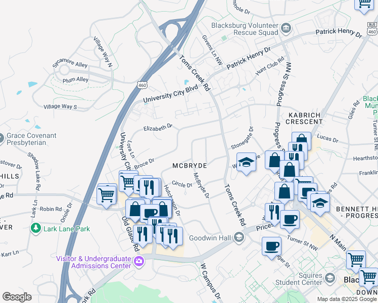 map of restaurants, bars, coffee shops, grocery stores, and more near 906 McBryde Drive in Blacksburg
