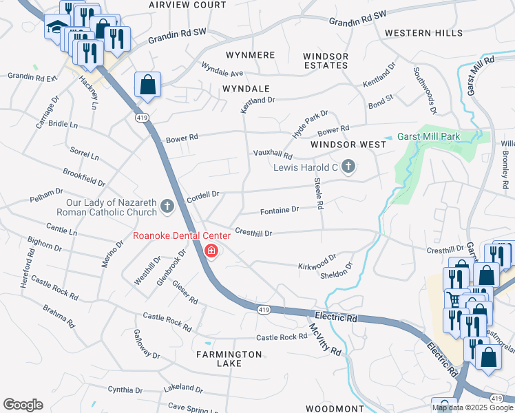 map of restaurants, bars, coffee shops, grocery stores, and more near 4537 Fontaine Drive in Roanoke