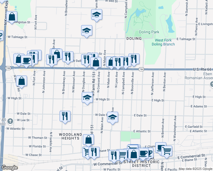 map of restaurants, bars, coffee shops, grocery stores, and more near 2259 North Main Avenue in Springfield