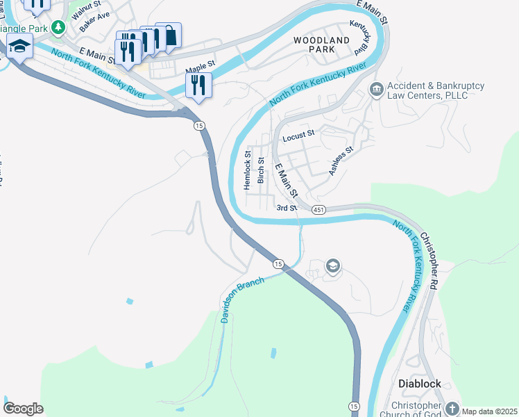 map of restaurants, bars, coffee shops, grocery stores, and more near 433 Birch Street in Hazard