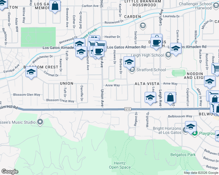 map of restaurants, bars, coffee shops, grocery stores, and more near 109 Anne Way in Los Gatos