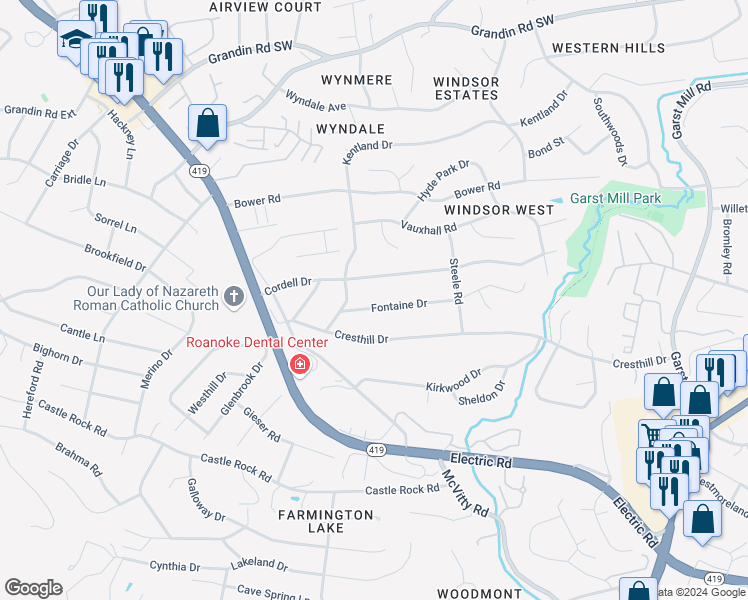 map of restaurants, bars, coffee shops, grocery stores, and more near 4531 Fontaine Drive in Cave Spring
