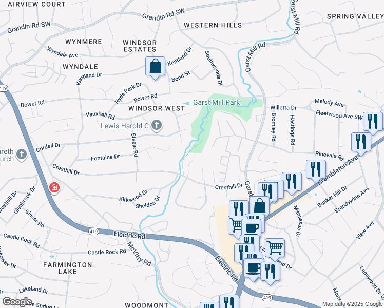 map of restaurants, bars, coffee shops, grocery stores, and more near 4338 Garstview Circle in Roanoke