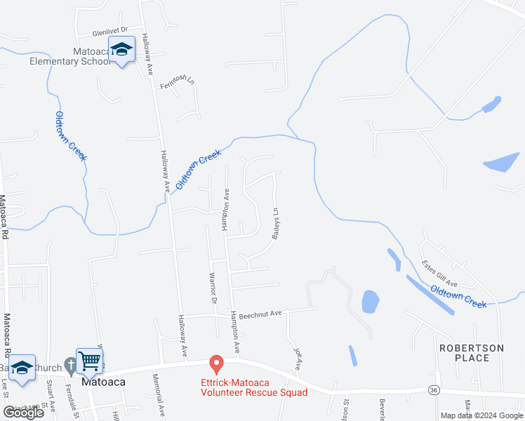 map of restaurants, bars, coffee shops, grocery stores, and more near 21137 Baileys Grove Drive in Matoaca