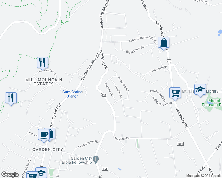 map of restaurants, bars, coffee shops, grocery stores, and more near 3036 Parham Drive in Roanoke