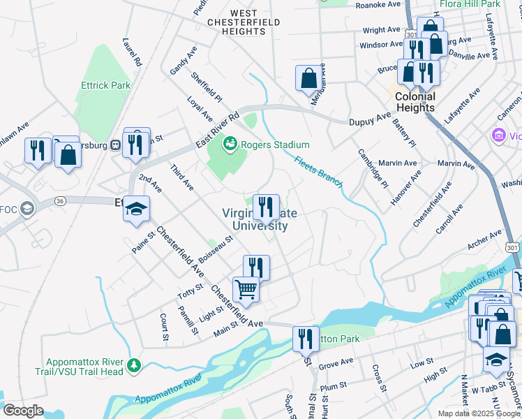 map of restaurants, bars, coffee shops, grocery stores, and more near 1 Hayden Street in Petersburg
