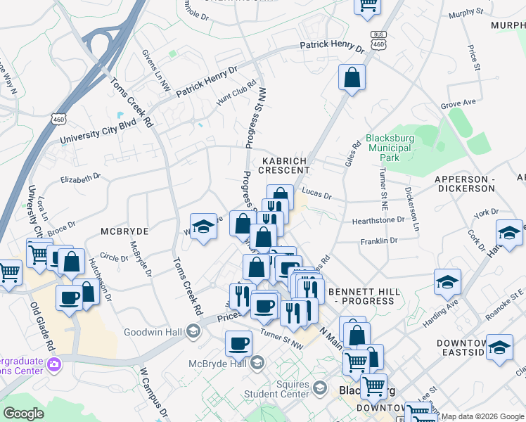 map of restaurants, bars, coffee shops, grocery stores, and more near 900 Progress Street Northeast in Blacksburg