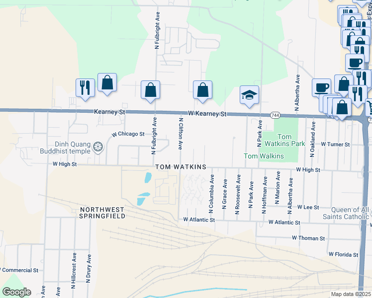 map of restaurants, bars, coffee shops, grocery stores, and more near 2238 North Clifton Avenue in Springfield