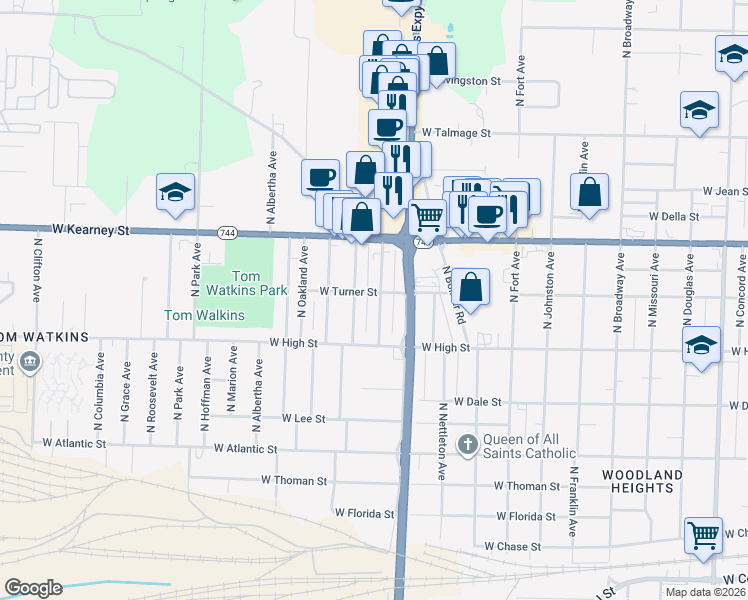 map of restaurants, bars, coffee shops, grocery stores, and more near 2256 North Farmer Avenue in Springfield