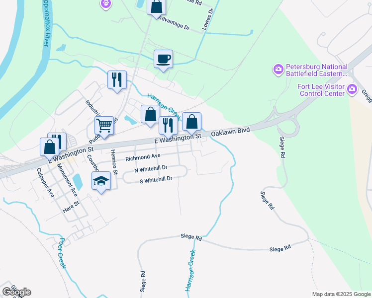 map of restaurants, bars, coffee shops, grocery stores, and more near 2315 Richmond Avenue in Petersburg