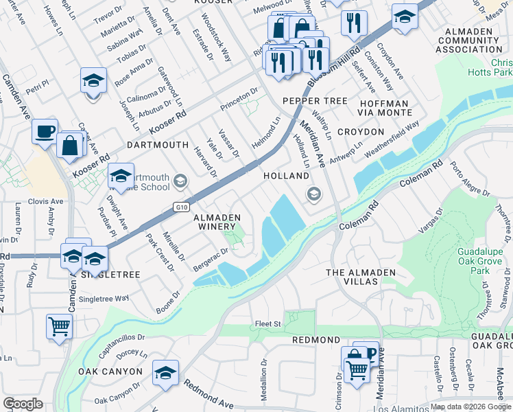 map of restaurants, bars, coffee shops, grocery stores, and more near 5644 Bergamo Court in San Jose