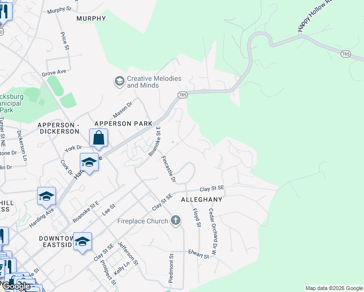 map of restaurants, bars, coffee shops, grocery stores, and more near 1108 Kam Drive in Blacksburg