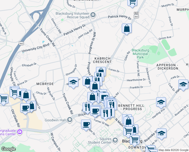 map of restaurants, bars, coffee shops, grocery stores, and more near 906 Montgomery Street Northwest in Blacksburg