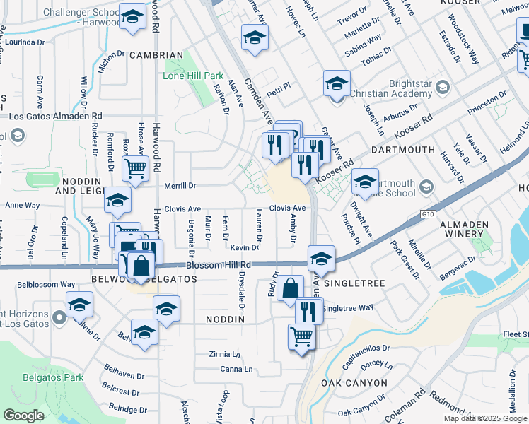 map of restaurants, bars, coffee shops, grocery stores, and more near 5452 Lauren Drive in San Jose