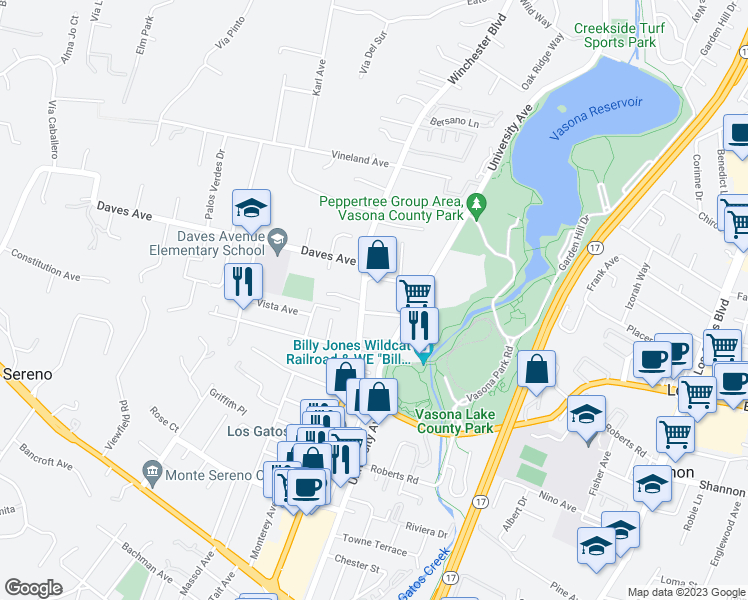 map of restaurants, bars, coffee shops, grocery stores, and more near 15814 Winchester Boulevard in Los Gatos