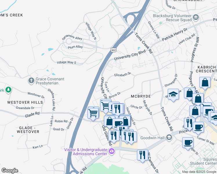 map of restaurants, bars, coffee shops, grocery stores, and more near 1102 Lora Lane in Blacksburg