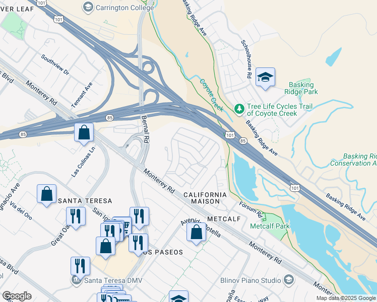 map of restaurants, bars, coffee shops, grocery stores, and more near 6130 Monterey Road in San Jose
