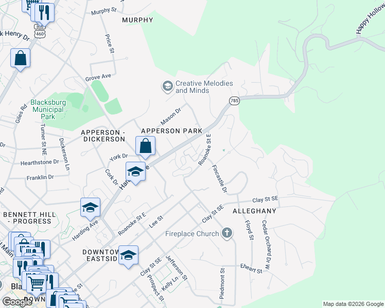 map of restaurants, bars, coffee shops, grocery stores, and more near 1003 Anne Drive in Blacksburg