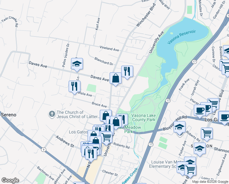 map of restaurants, bars, coffee shops, grocery stores, and more near 15814 Winchester Boulevard in Los Gatos