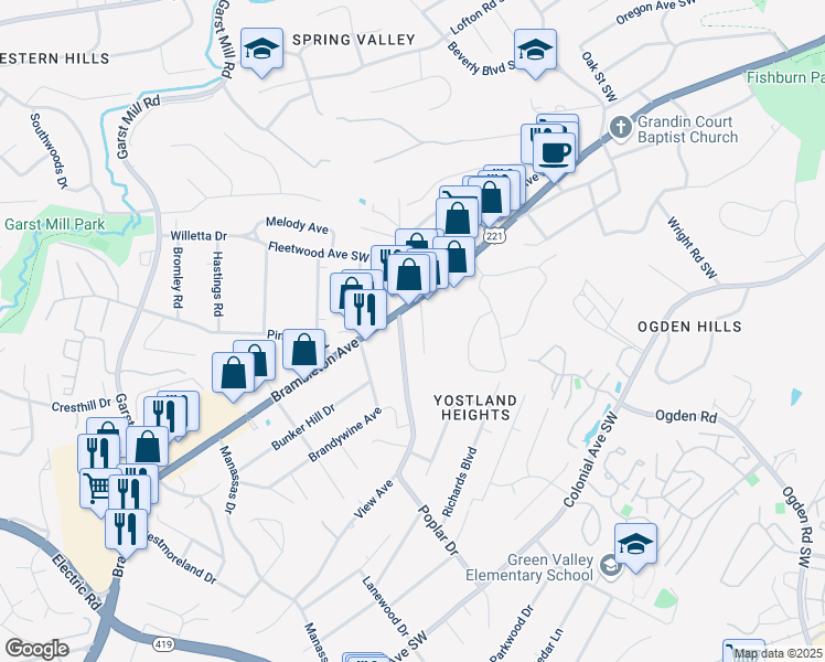 map of restaurants, bars, coffee shops, grocery stores, and more near View Avenue in Roanoke