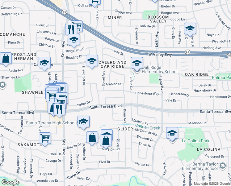map of restaurants, bars, coffee shops, grocery stores, and more near 420 Conestoga Way in San Jose