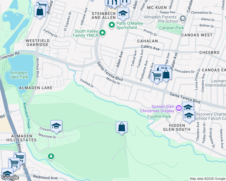 map of restaurants, bars, coffee shops, grocery stores, and more near 6035 Allen Avenue in San Jose