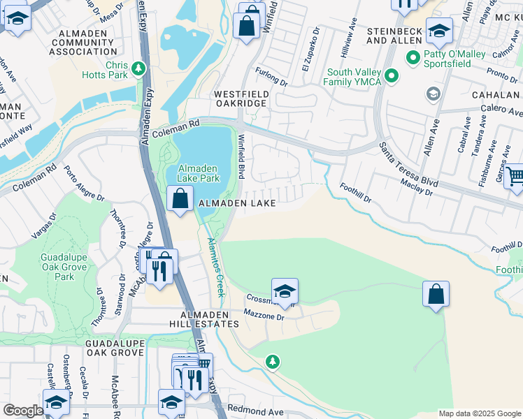 map of restaurants, bars, coffee shops, grocery stores, and more near 970 Almaden Lake Drive in San Jose