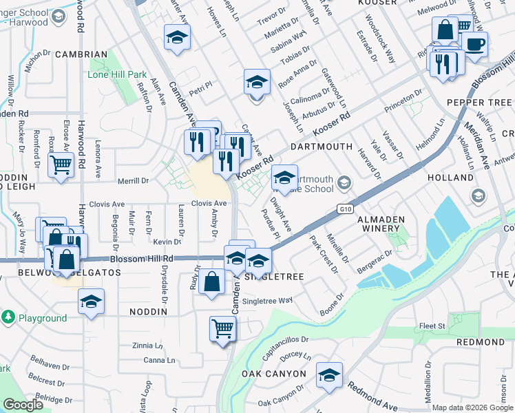 map of restaurants, bars, coffee shops, grocery stores, and more near 1615 Princeton Drive in San Jose