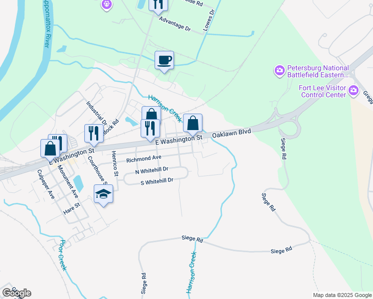 map of restaurants, bars, coffee shops, grocery stores, and more near 2315 Richmond Avenue in Petersburg