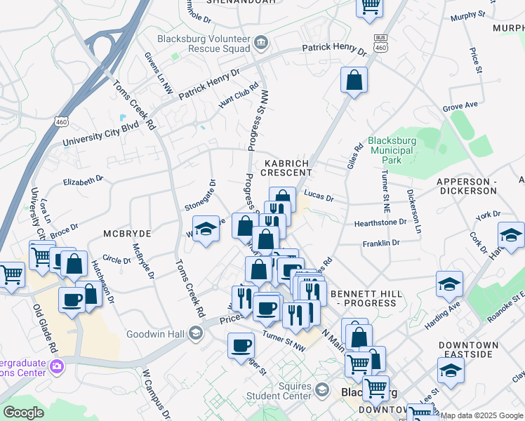 map of restaurants, bars, coffee shops, grocery stores, and more near 906 Montgomery Street Northwest in Blacksburg