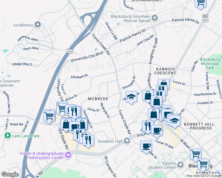 map of restaurants, bars, coffee shops, grocery stores, and more near 911 Buchanan Drive in Blacksburg