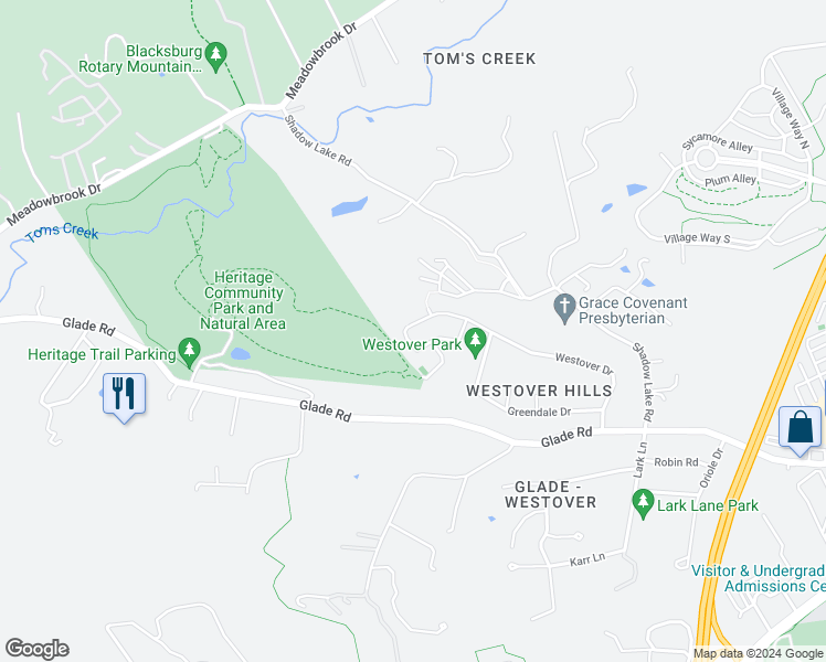map of restaurants, bars, coffee shops, grocery stores, and more near 1708 Westover Drive in Blacksburg