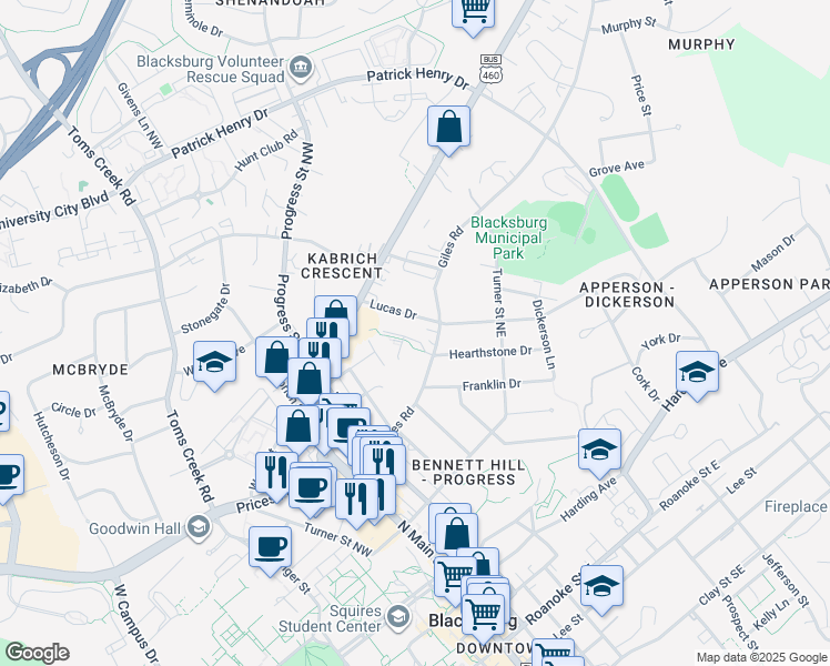 map of restaurants, bars, coffee shops, grocery stores, and more near 119 Hearthstone Drive in Blacksburg