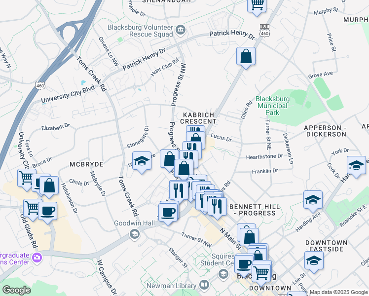 map of restaurants, bars, coffee shops, grocery stores, and more near 909 Montgomery Street in Blacksburg