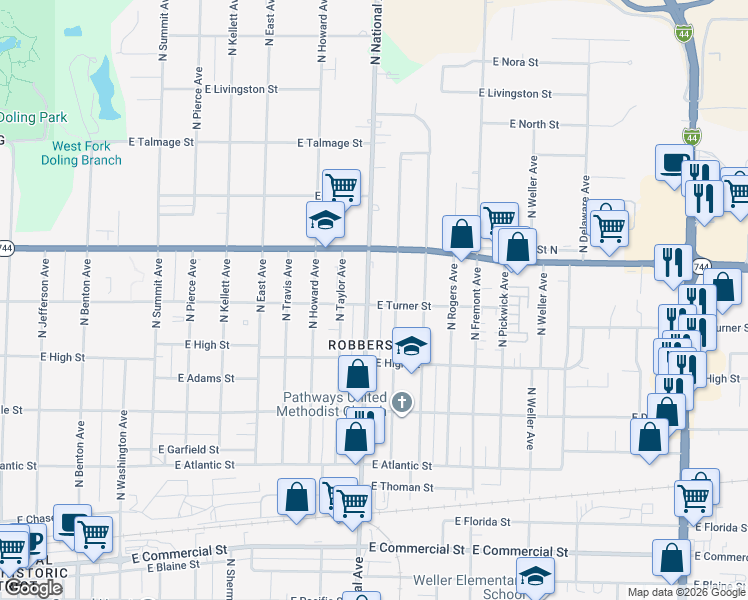 map of restaurants, bars, coffee shops, grocery stores, and more near 2304 North National Avenue in Springfield