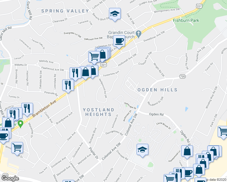 map of restaurants, bars, coffee shops, grocery stores, and more near 3080 Sedgefield Road Southwest in Roanoke