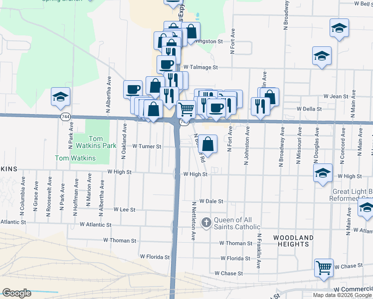 map of restaurants, bars, coffee shops, grocery stores, and more near 2259 North Nettleton Avenue in Springfield