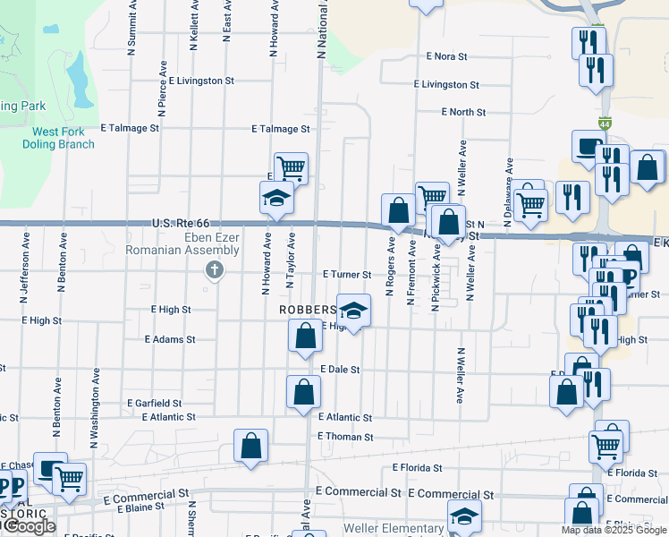 map of restaurants, bars, coffee shops, grocery stores, and more near 1221 East Turner Street in Springfield