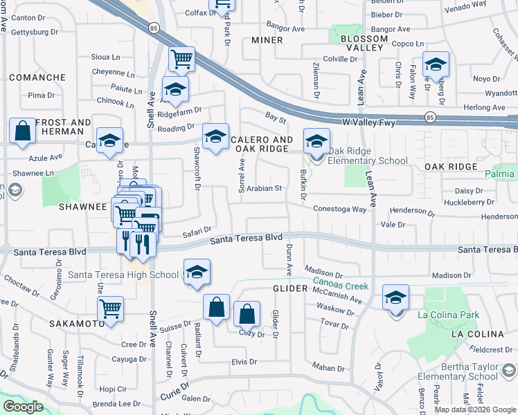 map of restaurants, bars, coffee shops, grocery stores, and more near 420 Conestoga Way in San Jose
