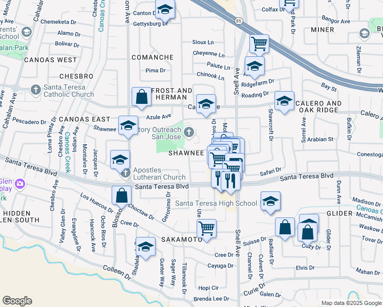 map of restaurants, bars, coffee shops, grocery stores, and more near 594 Tuscarora Drive in San Jose