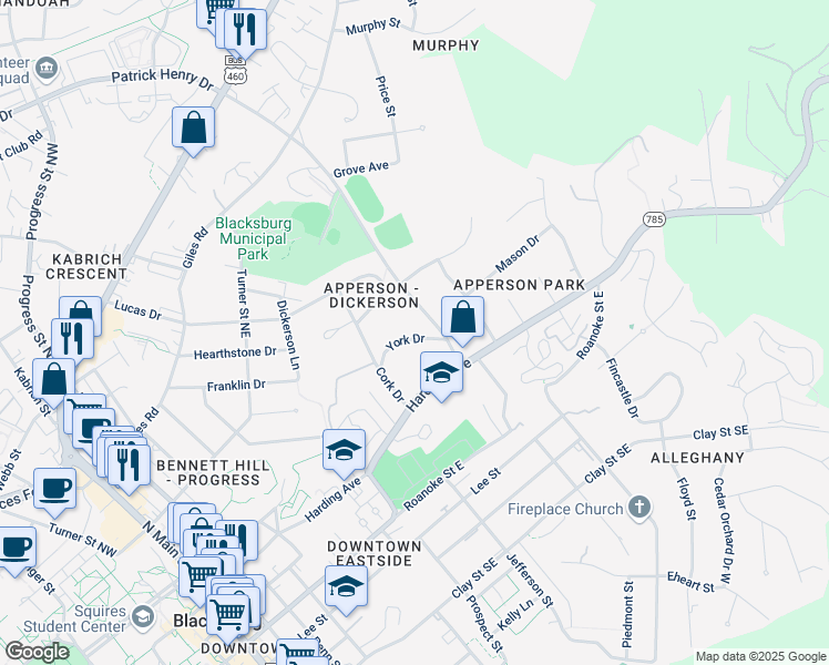 map of restaurants, bars, coffee shops, grocery stores, and more near 709 York Drive in Blacksburg