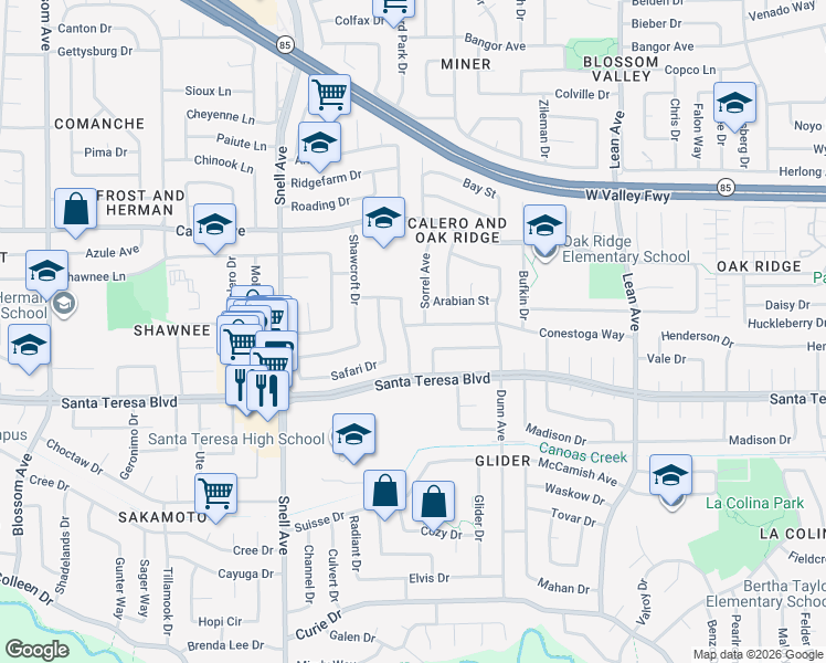 map of restaurants, bars, coffee shops, grocery stores, and more near 6054 Pineland Avenue in San Jose