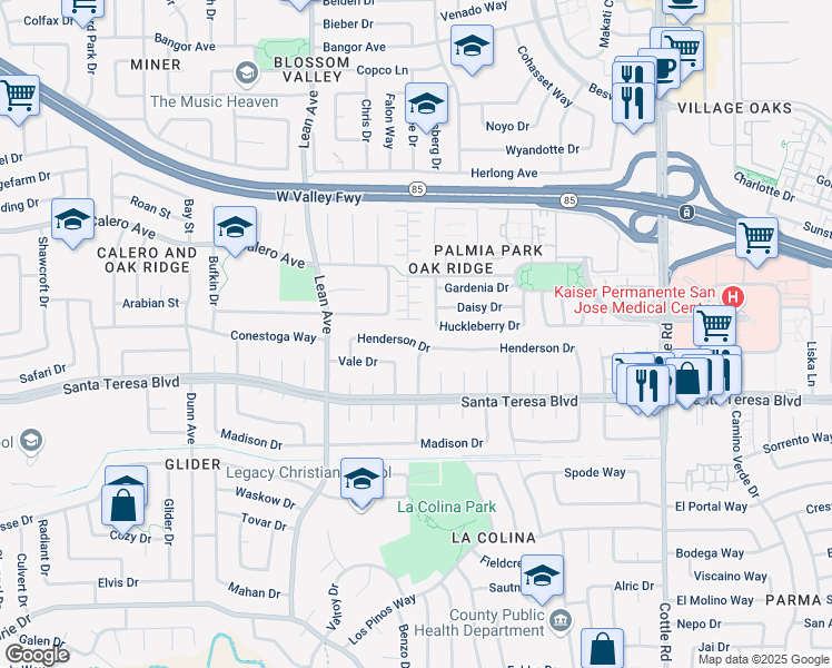 map of restaurants, bars, coffee shops, grocery stores, and more near 381 Henderson Drive in San Jose