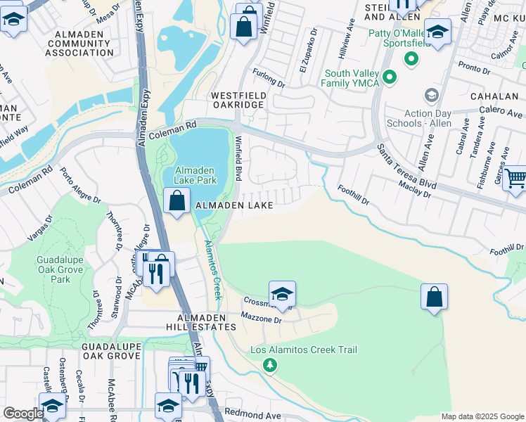 map of restaurants, bars, coffee shops, grocery stores, and more near 970 Almaden Lake Drive in San Jose