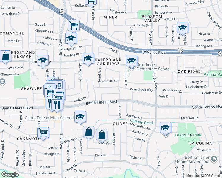 map of restaurants, bars, coffee shops, grocery stores, and more near 420 Conestoga Way in San Jose