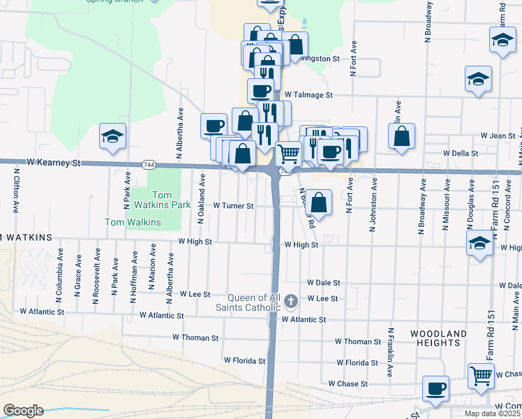 map of restaurants, bars, coffee shops, grocery stores, and more near 2256 North Farmer Avenue in Springfield