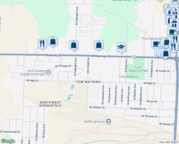 map of restaurants, bars, coffee shops, grocery stores, and more near 2252 North Clifton Avenue in Springfield
